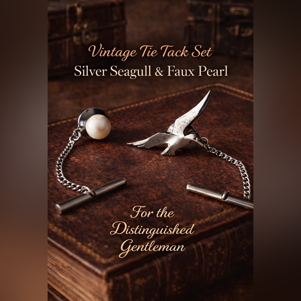 Vintage Tie Tack 2 Piece Set; Seagull and Faux Pearl